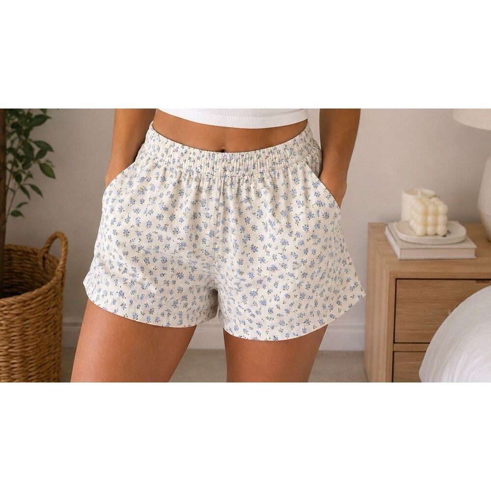 H&M Floral Lounge Pajama Shorts Size XL Blue Cottagecore Sleep Shorts